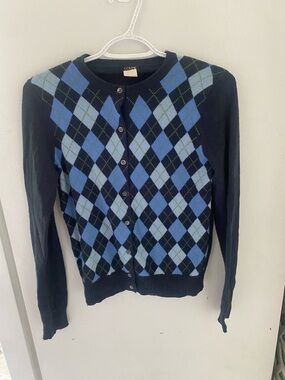 Y2K J.Crew Navy and Light Blue Argyle Button Cardigan